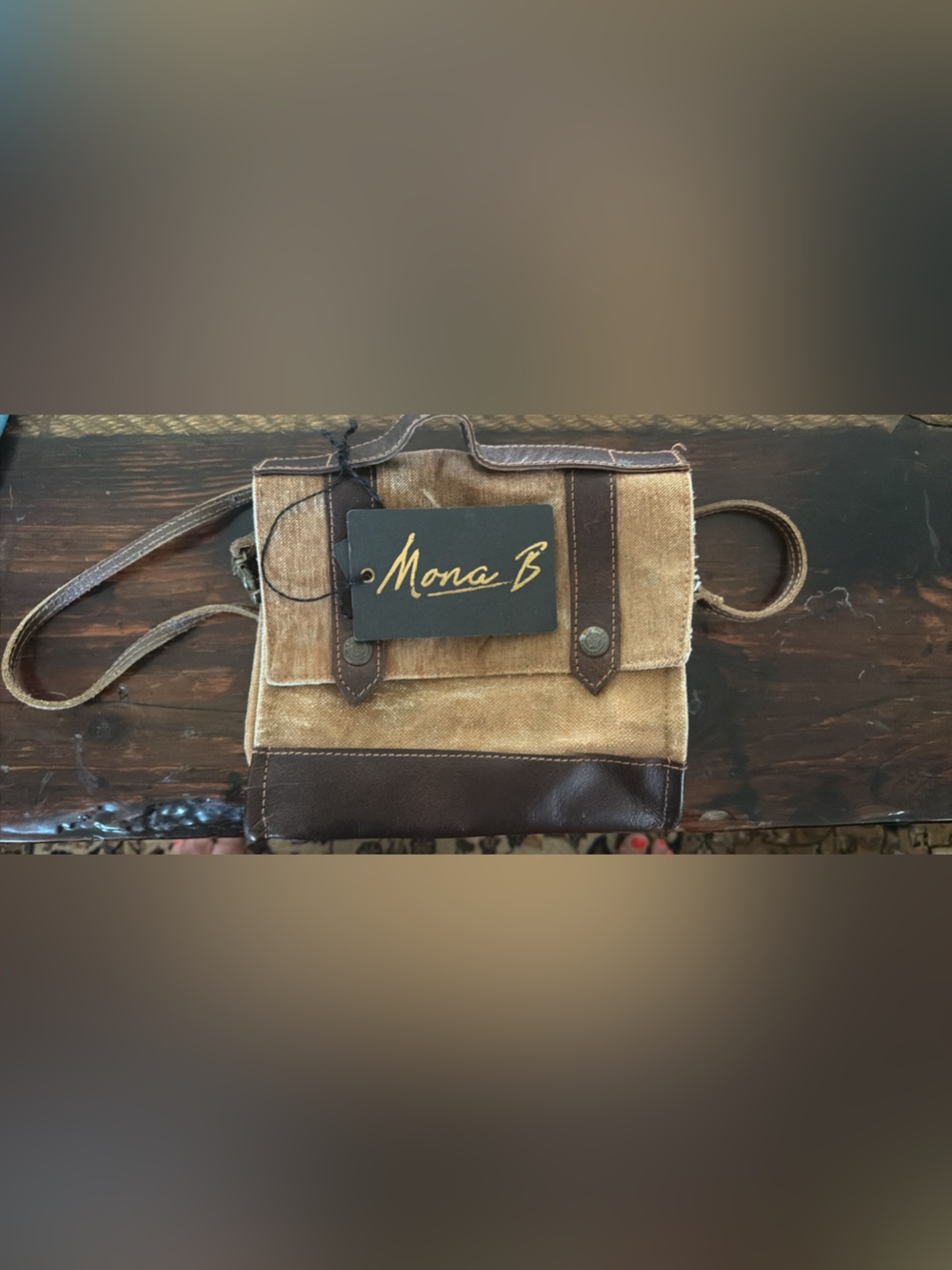 Mona B Tan & Dark Brown Canvas Messenger Bag